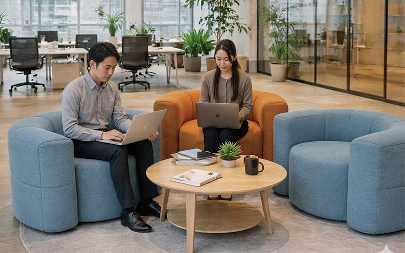 SONELの一人掛けソファを配置したオフィスラウンジ